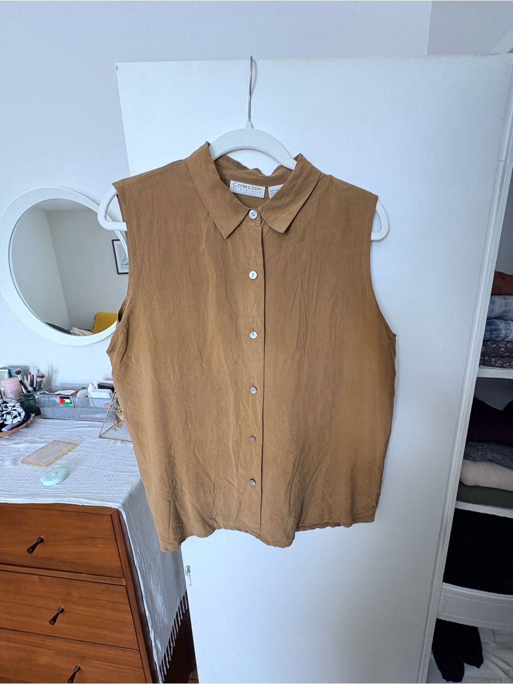 Sleeveless Silk Button-Front Collared Top in Camel by Collection B